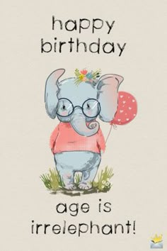 an elephant wearing glasses holding a balloon with the words happy birthday age is irrelhant