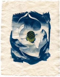 a white and blue flower on top of a piece of paper that has been altered to look like an image