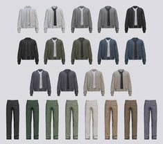 an assortment of men's clothing in different colors and sizes, all with ties