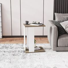 a living room with a gray couch and white rug