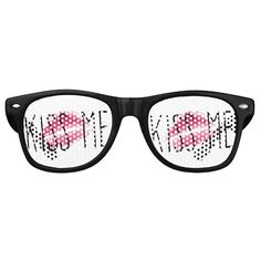 Fun novelty shades. Perfect for a bachelorette party! KISS ME written in thin black letters over a smudgy lipstick mark in pink. Lipstick Mark, Zazzle Wedding, Lip Print, Bachelorette Party Decorations, Lips Print, Black Letter, Custom Party, Retro Sunglasses, Love Messages