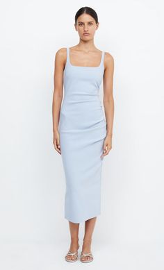 BE MINE SQUARE NECK DRESS - DUSTY BLUE Bridesmaids Styles, Square Neck Midi Dress, Spring Summer Capsule Wardrobe, 2025 Spring, Beautiful Bridesmaid Dresses, Summer Capsule, Summer Capsule Wardrobe, Bridesmaid Dresses Online, Scoop Neck Dress