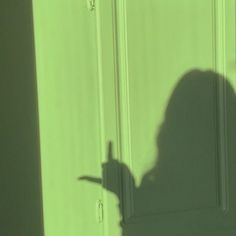 the shadow of a person standing in front of a green door holding a cell phone