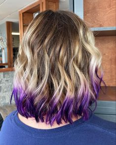 Bob With Purple Tips, Purple Hair Ends Dips, Hair Color Streaks Purple, Short Blonde Hair With Purple Tips, Tips Of Hair Dyed Purple, Dark Hair With Colored Ends, Purple Dipped Hair, Hair With Purple Underneath, Blonde Hair With Purple Underneath