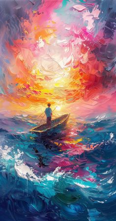 a painting of a man in a boat on the ocean at sunset with colorful clouds