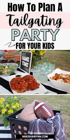 a football themed party with food and drinks on the table for kids to play in