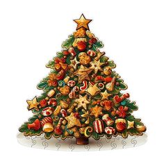 a wooden christmas tree with ornaments on it's top and star decorations around the base