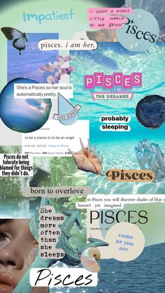 the collage is made up of different images and text, including words that are written in