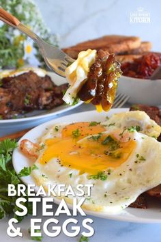 breakfast steak and eggs on a white plate