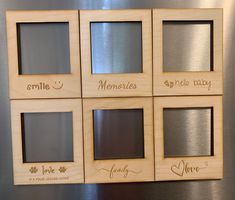 four wooden frames with the words smile, memories, and love