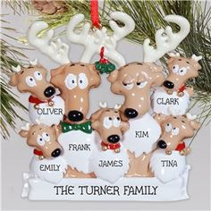 personalized christmas ornament with reindeers and names hanging from a pine tree