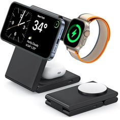 an apple watch and charging station are shown in this image, with the dock attached to it