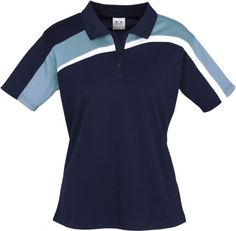 a women's polo shirt with blue and white stripes