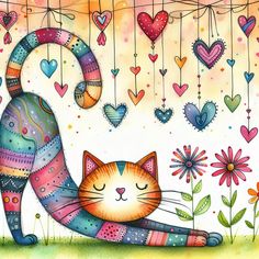 a painting of a cat with hearts hanging from it's sides and flowers in the background