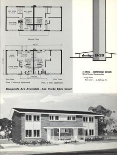 two story house plans with floor plans and elevation details for each building in the 1950's