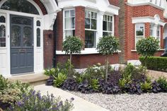 a front yard garden with flowers and plants in the foreground, next to a brick house