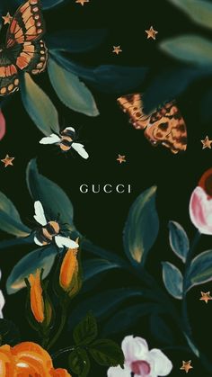 an image of flowers and butterflies with the word gucci written in gold on it