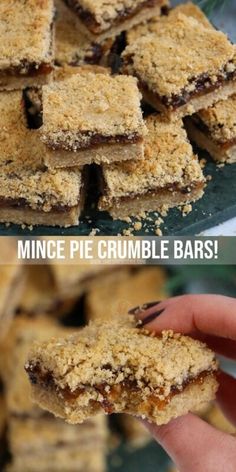 two pictures of mini pie crumble bars on a plate