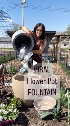 a woman watering flowers in her garden with the words virtual flower pot fountain on it