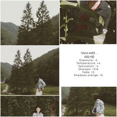 a collage of photos with trees and mountains in the background