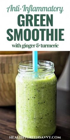 green smoothie with ginger and turment in a mason jar