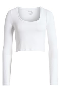 A knit staple top serves sass with an abbreviated silhouette and a body-hugging fit. 16 1/2" length (size Medium) Scoop neck Long sleeves 95% rayon, 5% spandex Hand wash, dry flat Imported Closet Basics, Staple Tops, Belly Shirts, Shopping Clothes, Beach City, White Long Sleeve Top, White Long Sleeve Shirt, Basic Long Sleeve, Christmas 2024