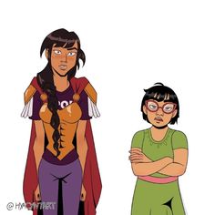 two cartoon characters are standing next to each other, one is wearing glasses and the other has