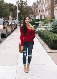 Red Oversized Sweater & Ripped Jeans | Skirt the Rules Blog Red Oversized Sweater Outfit, Red Cropped Sweater Outfit, Red Sweater Outfit Winter, Red Oversized Sweaters, Oversized Red Sweater For Layering, Red Knit Cropped Sweater For Winter, Oversized Red Sweater, Ripped Sweater