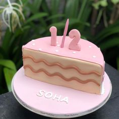 a pink birthday cake sitting on top of a plate with the number two on it