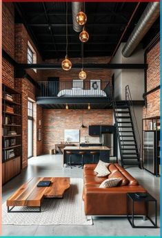 an industrial loft with exposed brick walls and wooden flooring is featured in this photo