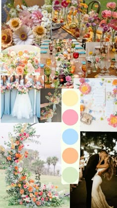 a collage of different pictures with flowers and wedding decorations on them, including cake