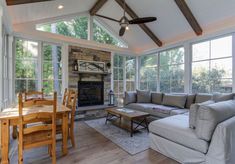 a living room filled with furniture and a fire place in the middle of a room