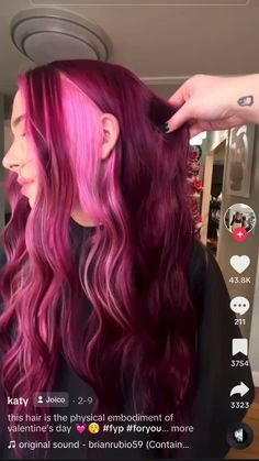 Burgundy Hair With Pink Peekaboos, Magenta Hair Pink Money Piece, Red N Pink Hair, Cute Fun Hair Colors, Dark Pink Money Piece Hair, Pink And Red Peekaboo Hair, Dark Red With Pink Highlights, Red Hair Pink Peekaboo, Dark Pink Hair With Light Pink Money Piece