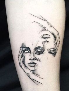 a woman's face with her hands on the side of her leg