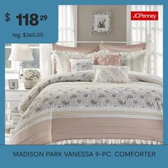 The Madison Park Vanessa 9 Piece Cotton Percale Comforter Set offers a shabby chic update to your bedroom decor. A paisley print is featured on the cotton comforter with pintucked fabric separated by lace taping embellishments. Around the edge, a ruched flange adds a graceful touch, for a charming cottage look. Matching shams mirror the design of the comforter, while 2 solid Euro shams complement the top of the bed. The 3 decorative pillows and a solid bedskirt complete this farmhouse comforter… California King Bedding Sets, Farmhouse Comforter, King Bedding, Charming Cottage, California King Bedding, King Bedding Sets, Cotton Comforters, Queen Bedding Sets, The Madison