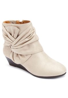 Style with a twist. With chic twist wrapped around one side of the ankle, this is the perfect style-meets-comfort, fall bootie. Suede-like upperFull inside zipperInside elastic gorePadded insoleStable heel5 1/2" shaft height.1 ¾" heel height. Bootie in Full and half sizes 7-11, 12 M, W, WW | Wide Width Women's The Inez Bootie by Comfortview in Oyster Pearl (Size 11 W) Short Ankle Boots, Fall Booties, Oyster Pearl, Winter Shoes For Women, Most Comfortable Shoes, Winter Boots Women, Cool Boots, Winter Shoes, Pearl Size