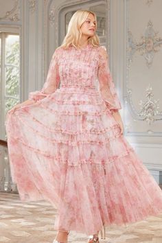 Mother Of The Bride Dresses & Outfits | Needle & Thread Gown Pink, Ruffle Gown, Ballerina Dress, Short Gowns, Wedding Clothes, Long Sleeve Gown, Needle Thread, Floral Artwork, Midi Length Dress