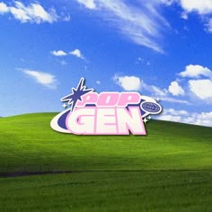 the logo for top gen is displayed on a grassy hill