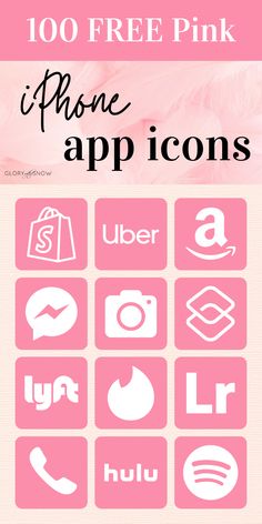 the pink phone icon set is shown with text that reads, 100 free pink iphone app icons