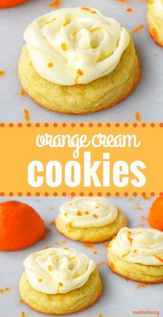 orange cream cookies with white frosting on top and an orange in the back ground