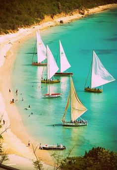 several sailboats are sailing in the clear blue water on a beach with white sand