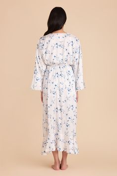 A long, ruffle robe in Blue Le Fleur print that's perfect for the morning of your wedding. Shop this jacquard style and more getting-ready styles at Birdy Grey. A floor-length ruffle robe to make a statement while you (or your girls!) get ready. | Blue Le Fleur Getting Ready Size Medium/Large | Birdy Grey Minnie Ruffle Robe Birdy Grey, Sleepwear & Loungewear, Birdy, Getting Ready, Wedding Shop, The Morning, Floor Length, Ruffles, Lounge Wear