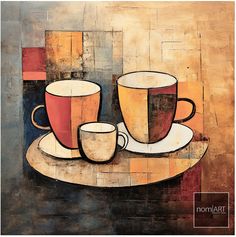 two coffee cups sitting on top of a saucer next to each other in front of a painting