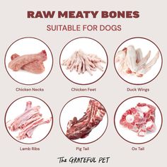 raw meats for dogs are shown in this graphic above it is an image of what they