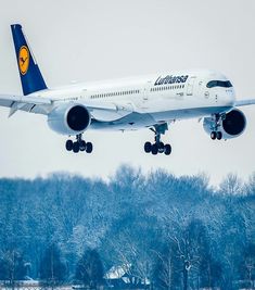 an airplane is taking off from the runway in front of trees and snow covered ground