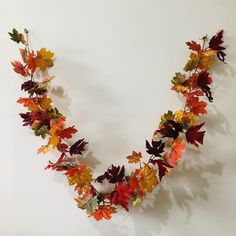 an arrangement of autumn leaves arranged in the shape of a heart on a white wall