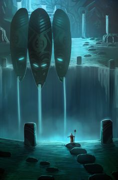 a man standing in the middle of a lake next to two giant alien heads with glowing eyes