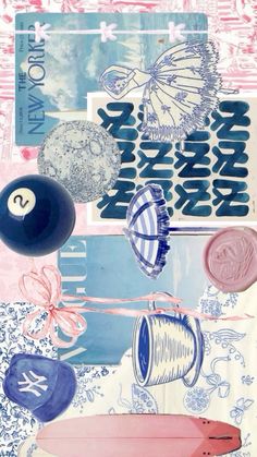 an abstract painting with various objects and words on it's side, including a surfboard