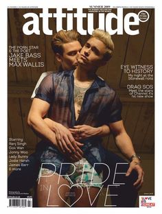 the cover of attitude magazine showing two men embracing each other and one is wearing shorts