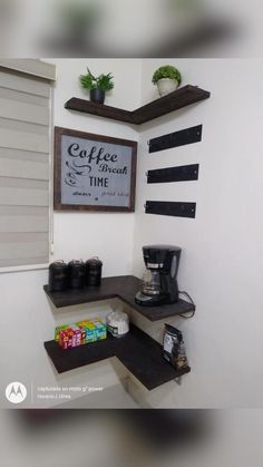 a coffee bar with two shelves on the wall